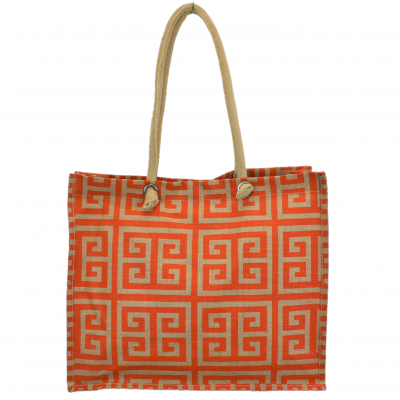 15-  ORANGE & TAN GREEK KEY JUTE BAG